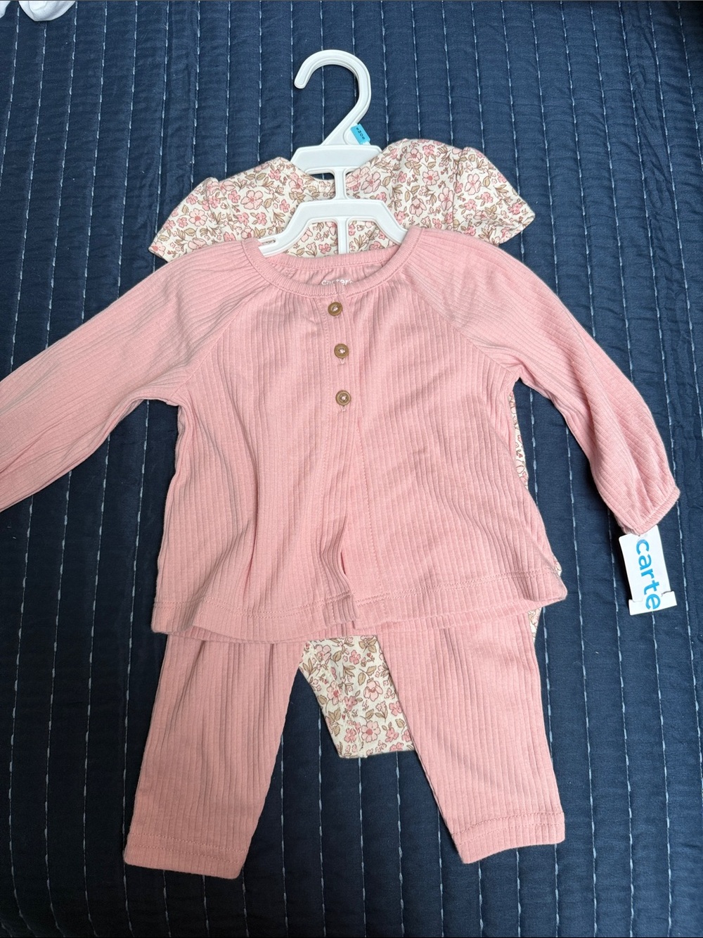 Carter's Dusty Pink Ribbed Two-Piece Pajama Set with Floral Bodysuit